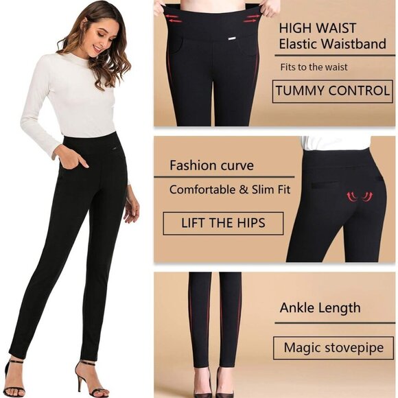 Women Dress Pants Stretch Slim Fit High Waist Pockets Work Office Chic - Picture 5 of 5